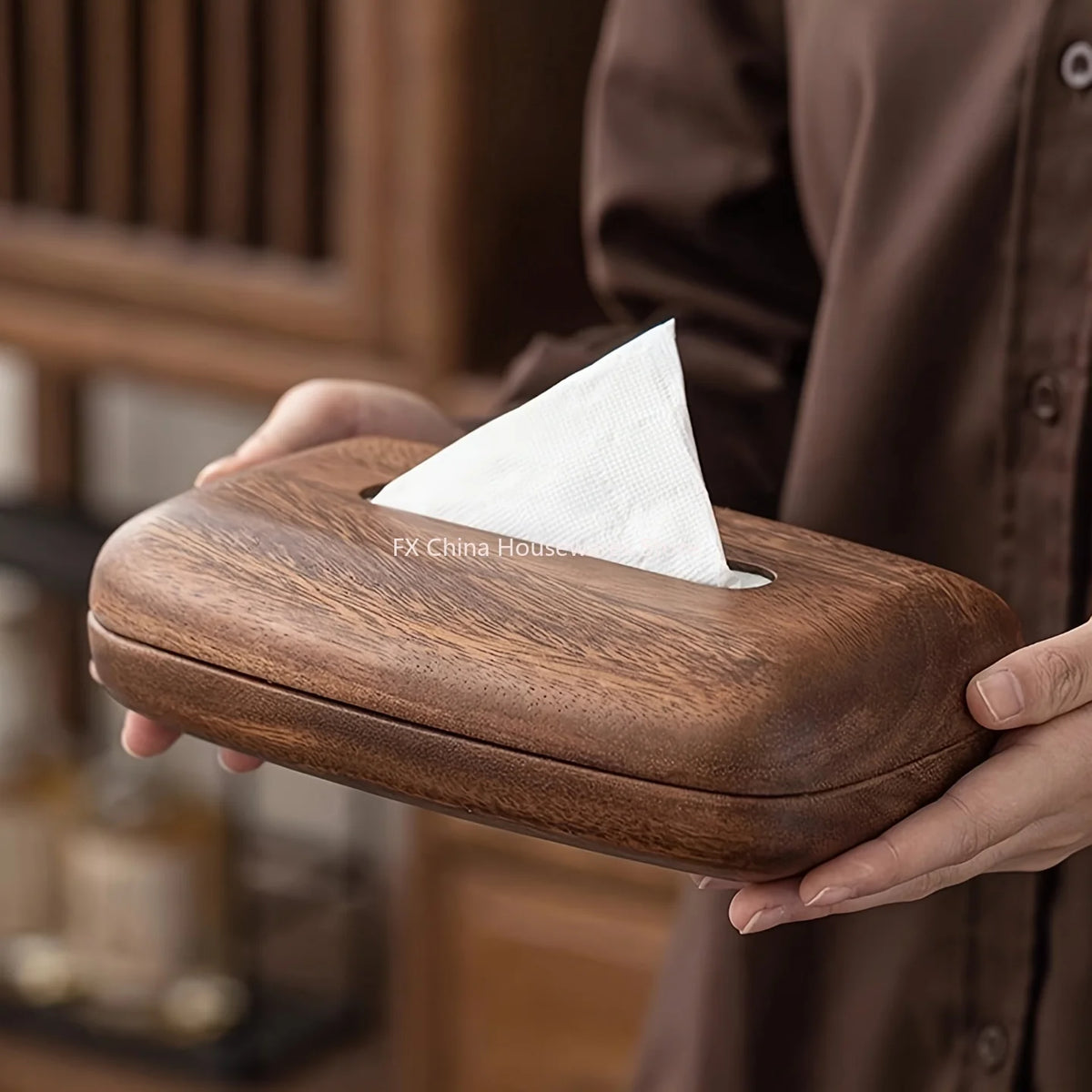 Modern Walnut Wood Tissue Box Cover Tabletop Ornament for Home Decor