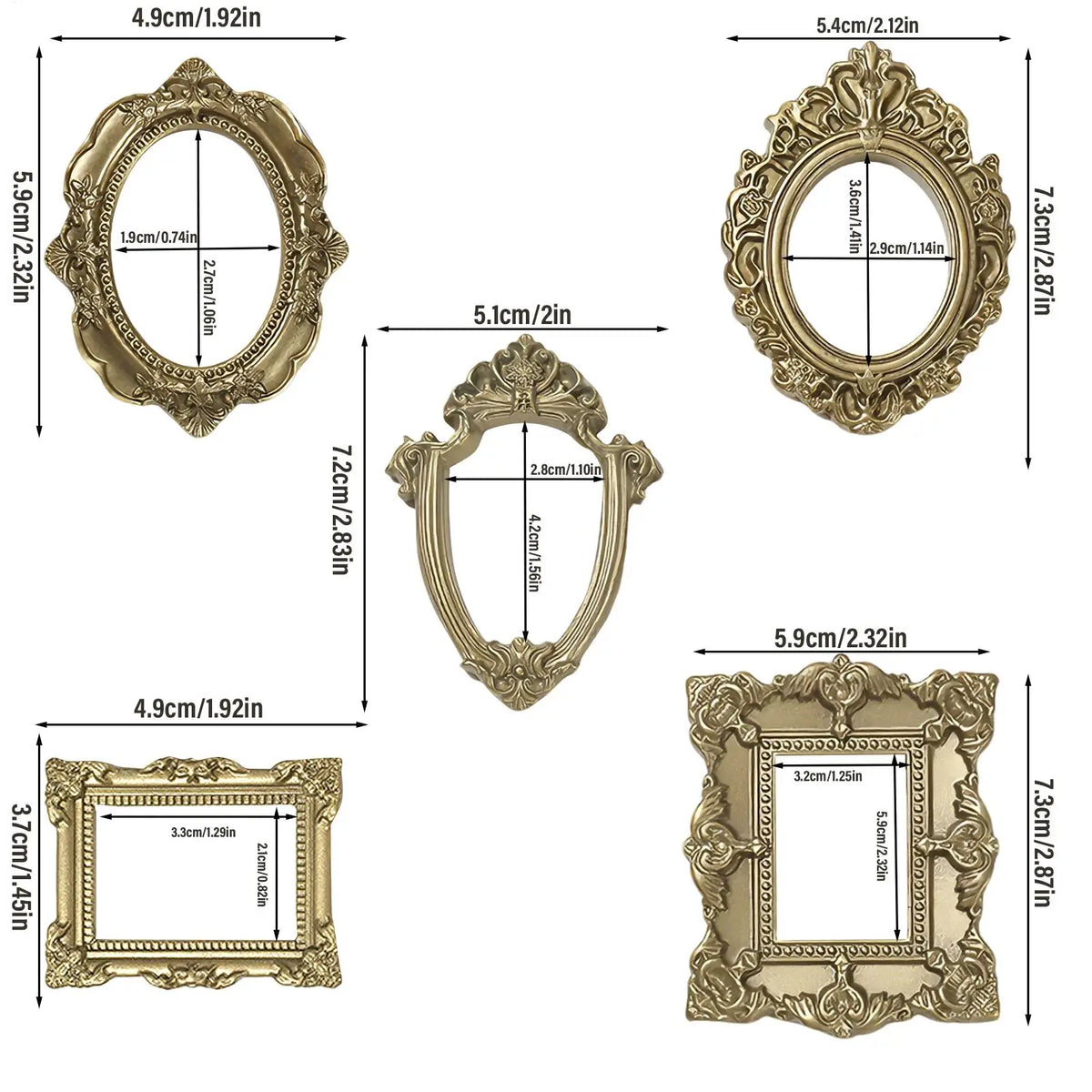 Vintage Miniature Resin Picture Frames Set Bronze Gold Wall Table Decor 5-Pack