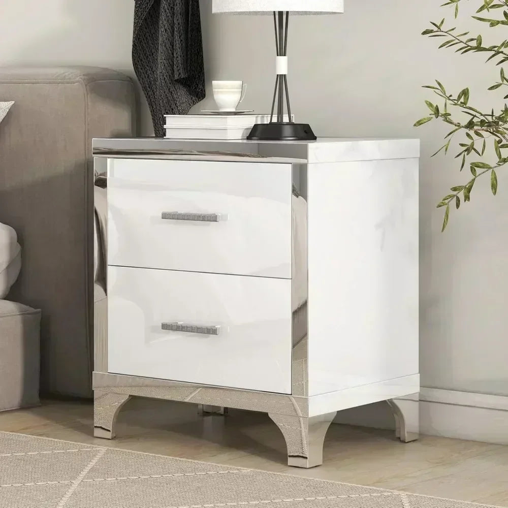 Modern White 2-Drawer High Gloss Nightstand with Metal Legs