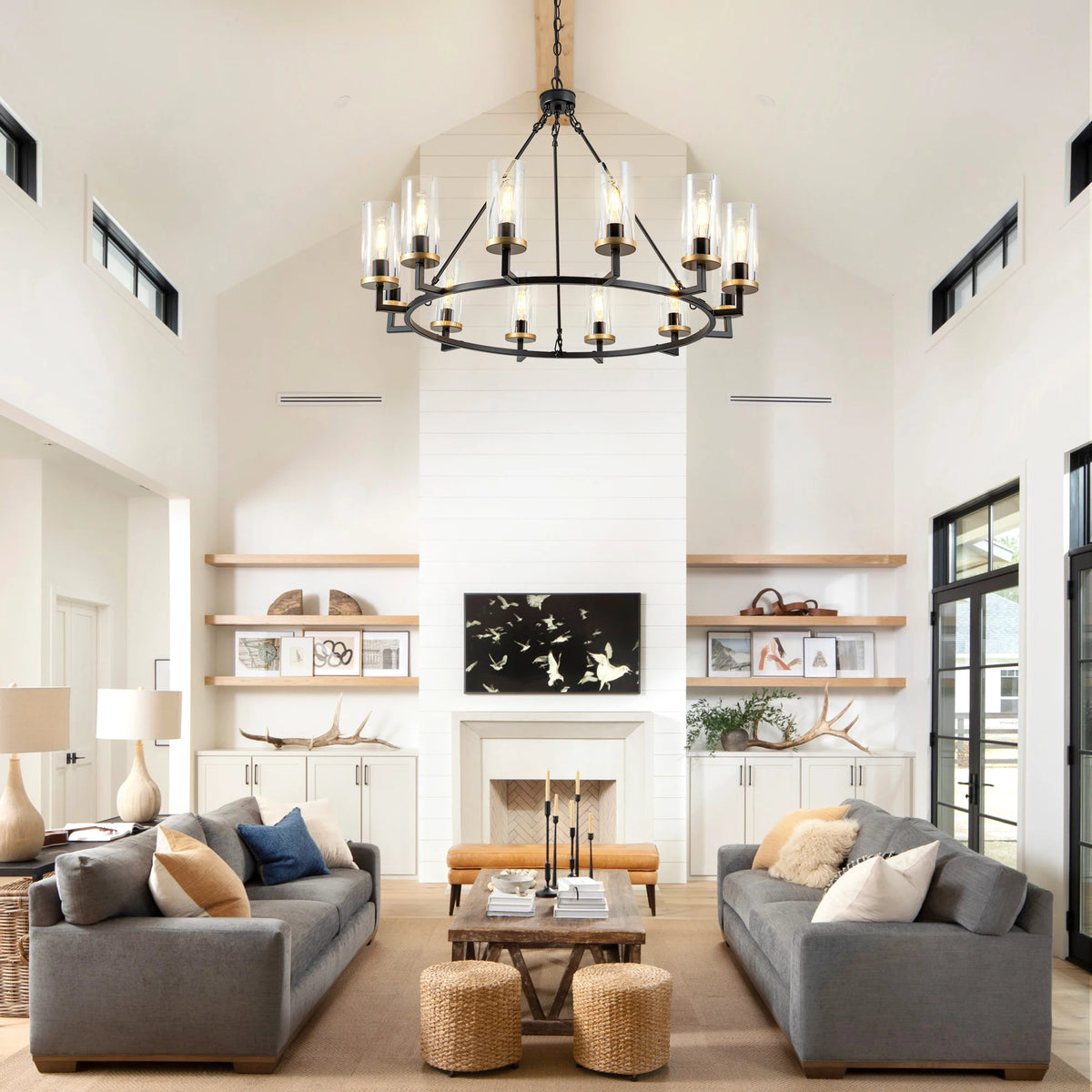 12-Light High Translucent Large Glass Chandelier Rustic Black for Living Room Foyer Entryway