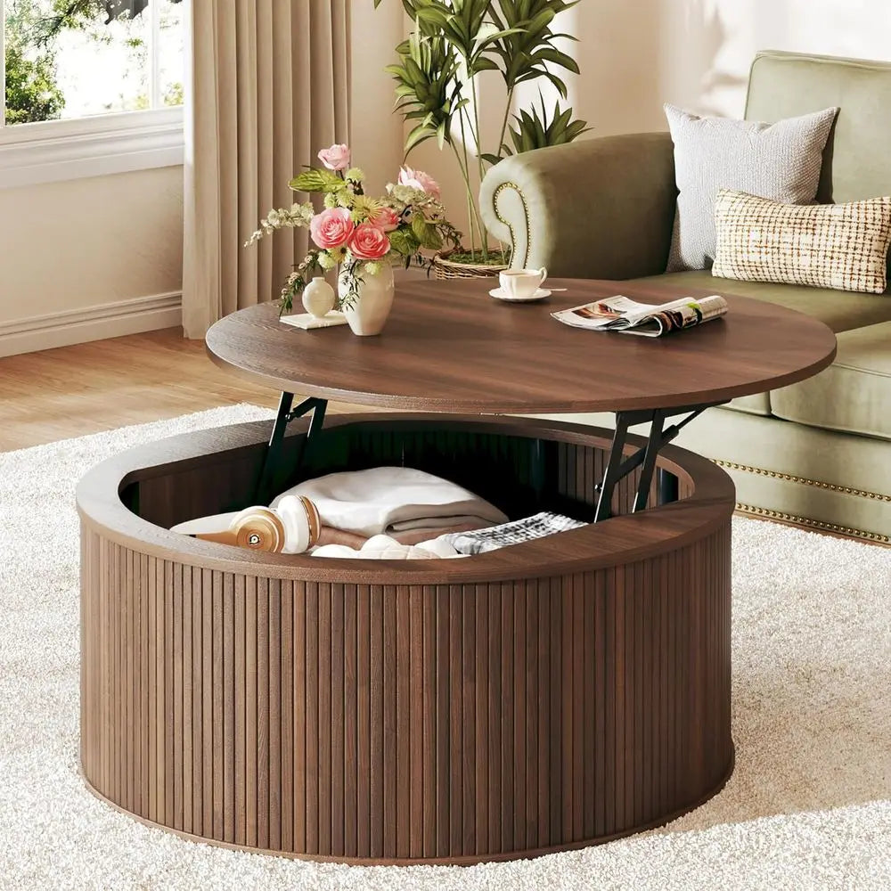 80cm Modern Round Lift-Top Coffee Table Rustic Wood Walnut with Storage