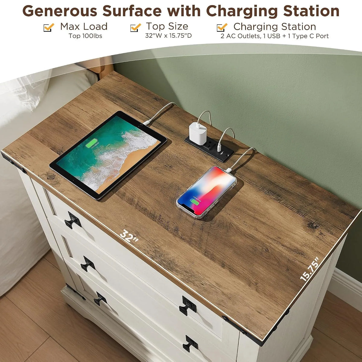 81cm Farmhouse Wooden Nightstand with 3 Drawers Charging Station Bedside Table