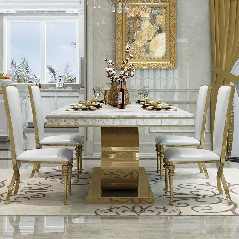 160cm Modern Dining Table Set with 6 Chairs Gold Metal Base Marble Top
