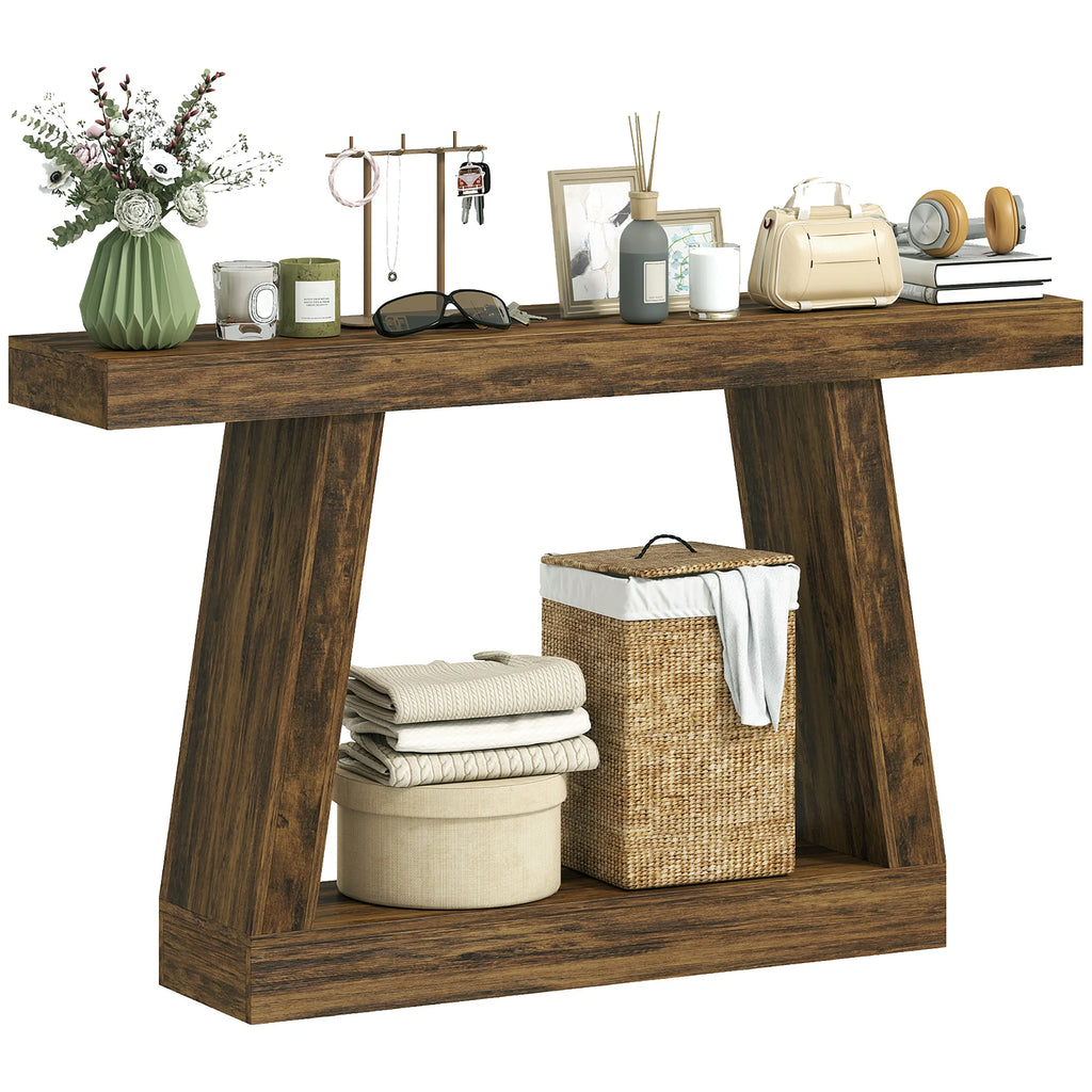55.1" Narrow Entryway Table 2-Tier Console Table with Thickened Tabletop Storage Shelf Trapezoidal Base Rustic Brown
