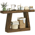 55.1" Narrow Entryway Table 2-Tier Console Table with Thickened Tabletop Storage Shelf Trapezoidal Base Rustic Brown