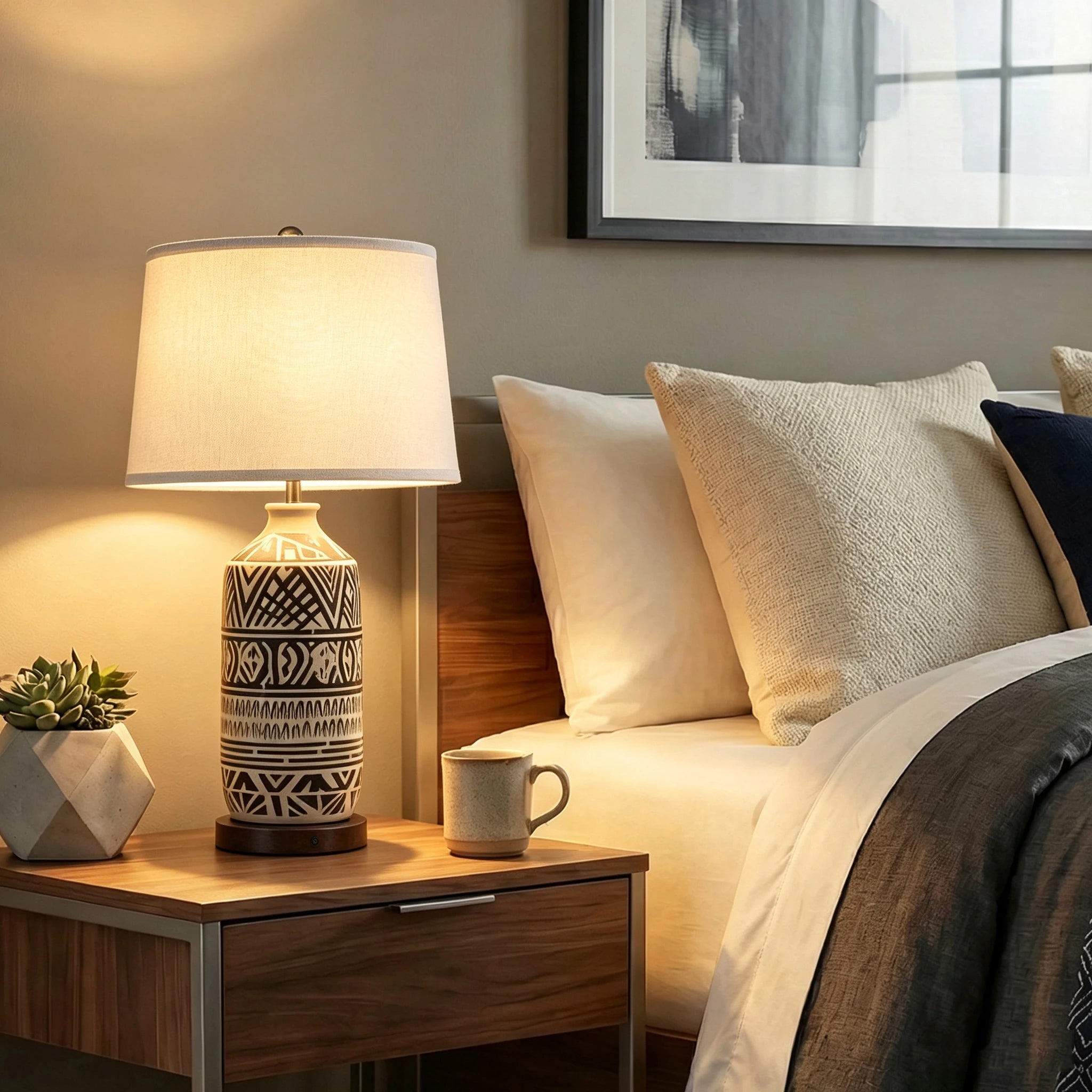 Nordic Ceramic Bedside Table Lamp White Reflective Cloth Shade