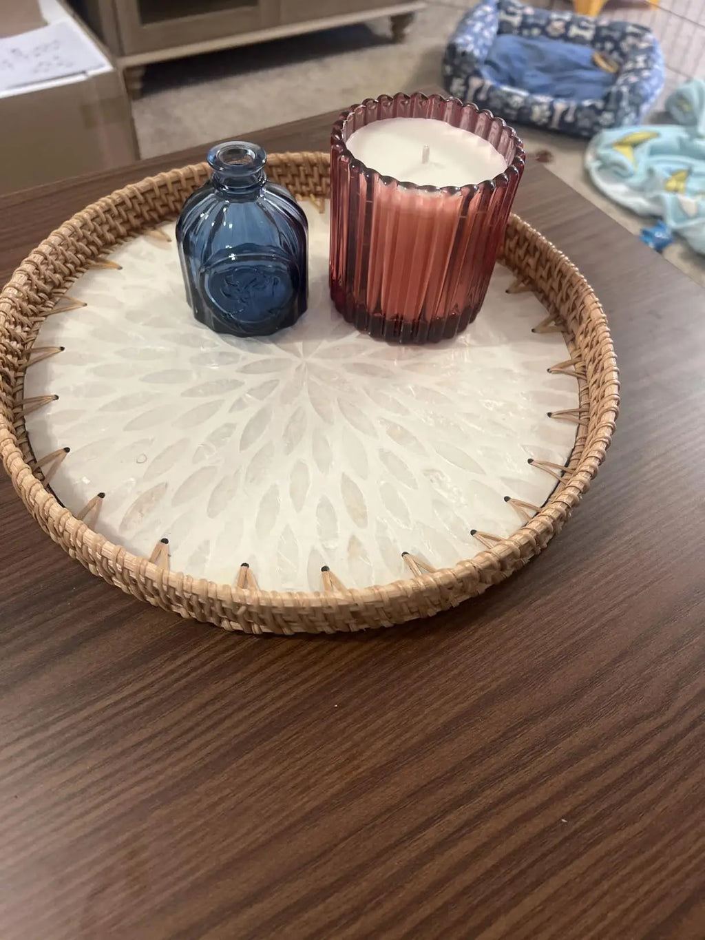 Nordic Round Rattan Inlay Fruit Plate Storage Tray Home Decor