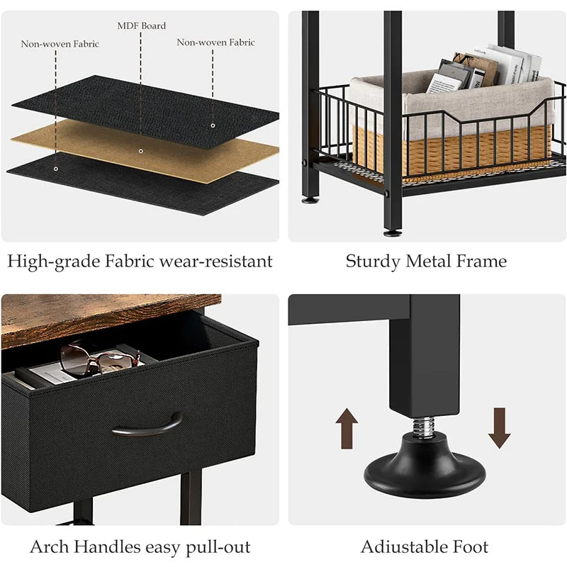 Modern Wooden Nightstand End Table with Open Shelf and Fabric Drawer