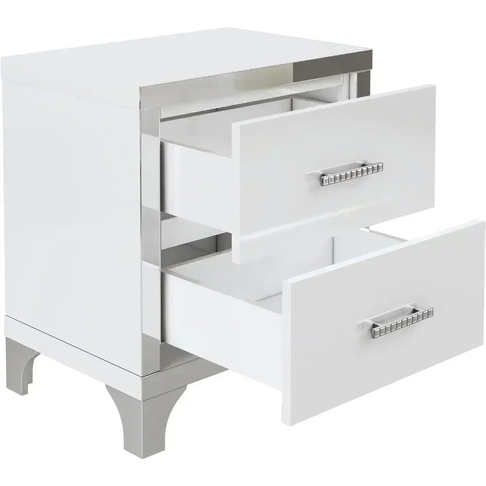 Modern White 2-Drawer High Gloss Nightstand with Metal Legs