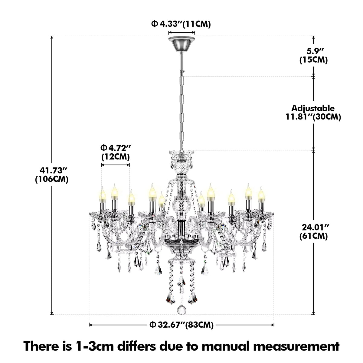 10-Light Clear Cognac Crystal Chandelier Ceiling Light Gold