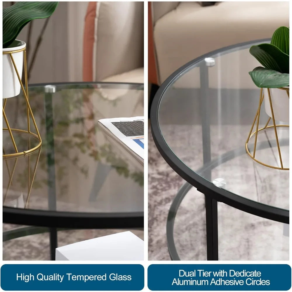 65cm Modern Round Glass Coffee Table 2-Tier Living Room Storage Table Black