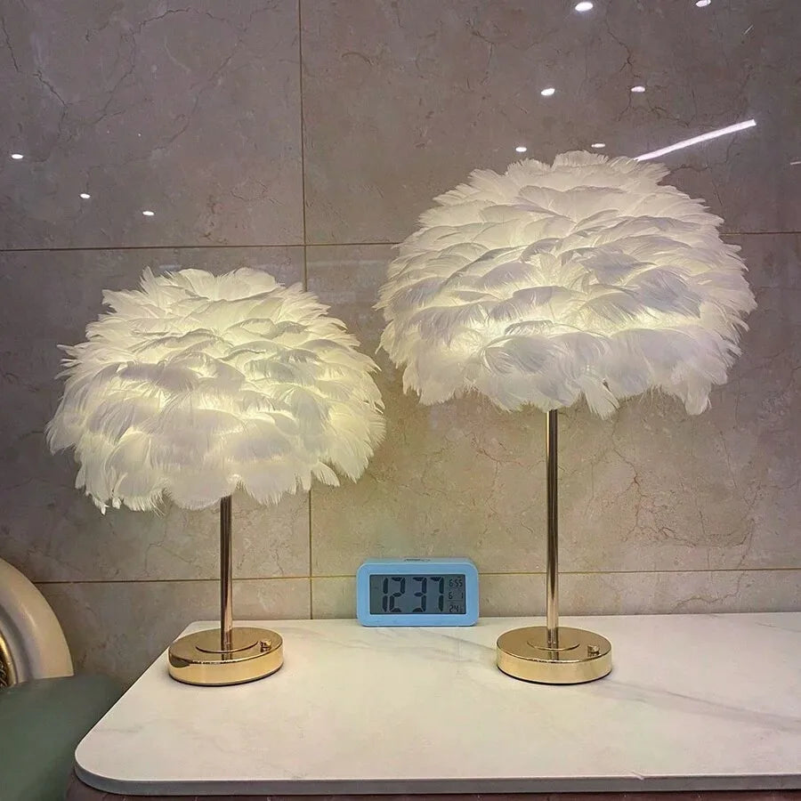 Modern Nordic Rechargeable Feather Table Lamp Blue for Bedroom Living Room