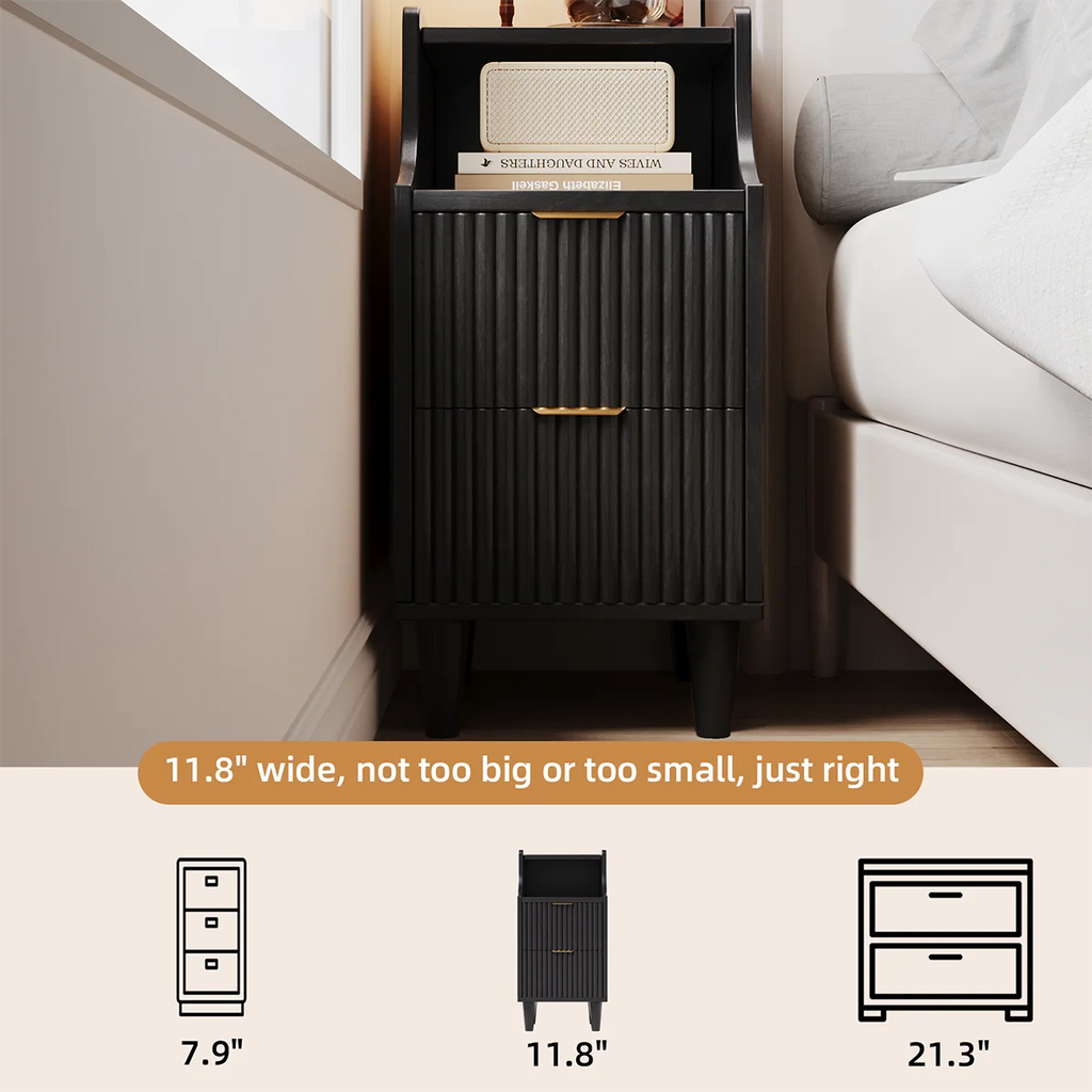 Set of 2 Narrow Nightstand with 2 Drawers and Open Shelf Bedside Table