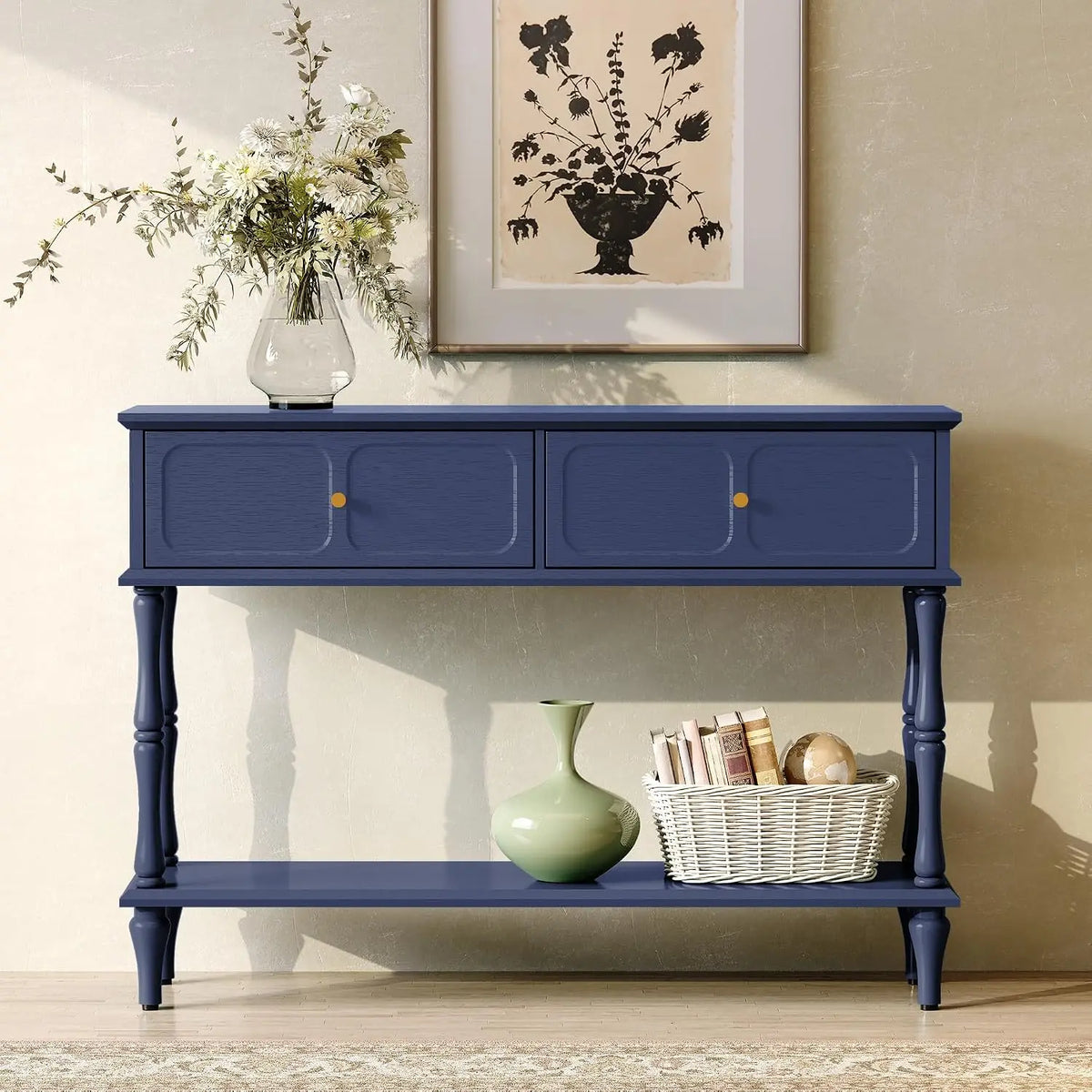 Narrow Mid-Century Wooden Console Table with Drawers and Storage