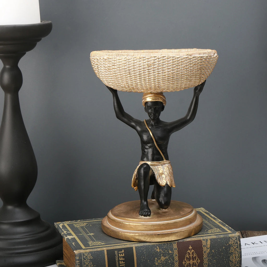 African Man Statue Resin Storage Basket Tray for Home Decor