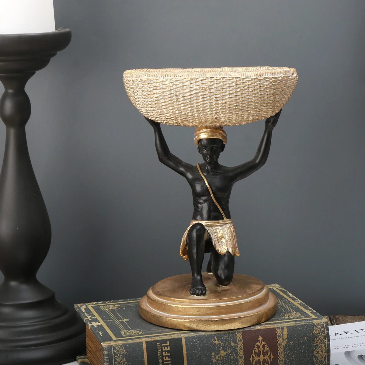 African Man Statue Resin Storage Basket Tray for Home Decor