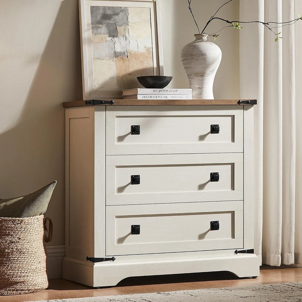 81cm Farmhouse Wooden Nightstand with 3 Drawers Charging Station Bedside Table
