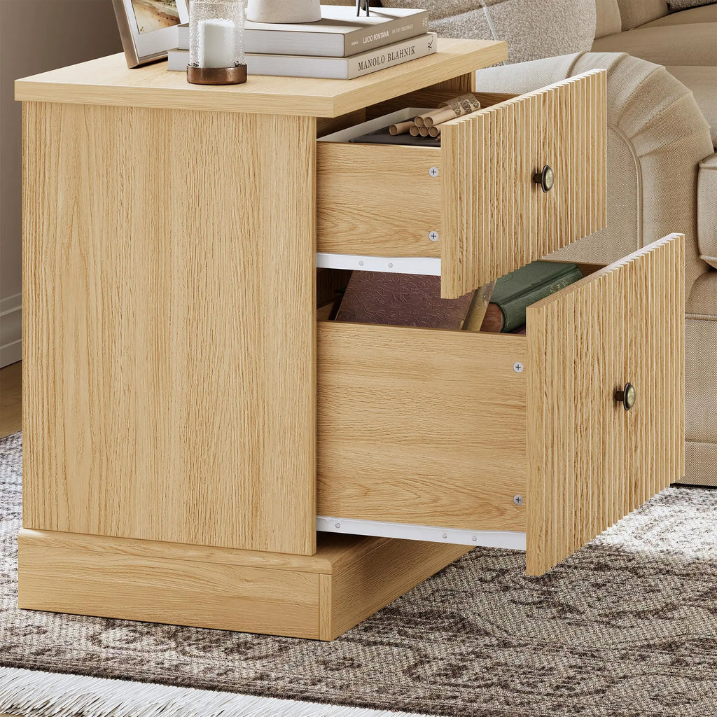 Mid Century Fluted Nightstand with 2 Storage Drawers Bedside Table Natural