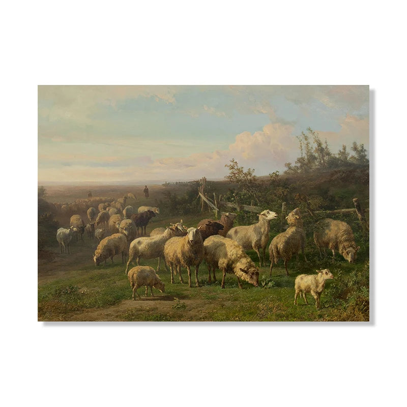 Vintage Sheep Landscape Canvas Painting Poster for Home Decor