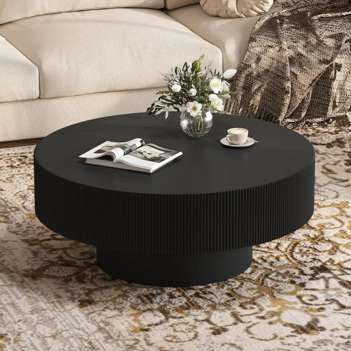 80 cm Modern Round Coffee Table with Sintered Stone Top Wood Veneer Tiered Base Living Room Furniture