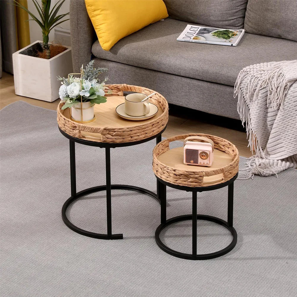2-Piece Hand-Woven Rattan Nesting Tables Round Side Tables 40x46 cm