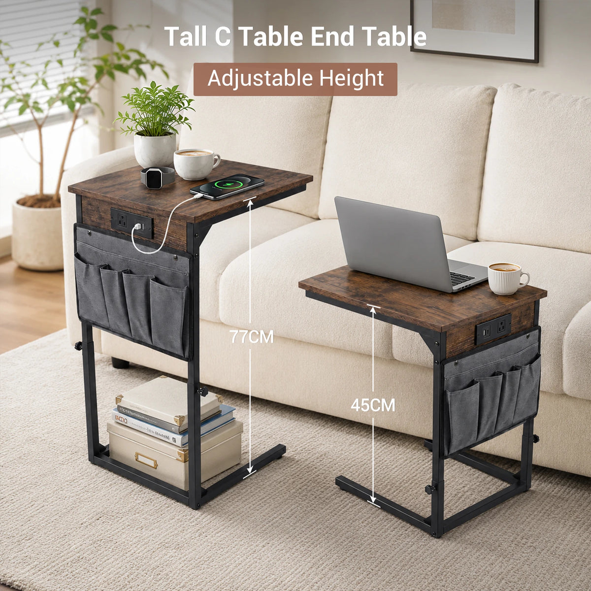 Adjustable Height C-Shaped End Table with Charging Station Slide Under Sofa TV Tray