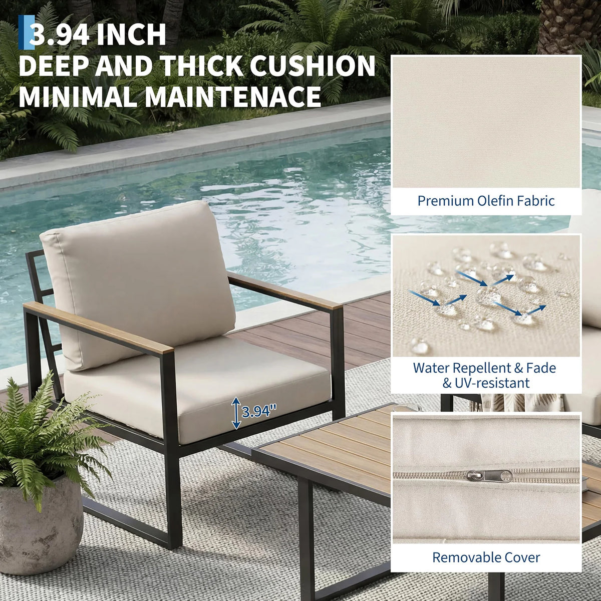 4-Piece Patio Conversation Set with Coffee Table and Washable Cushions
