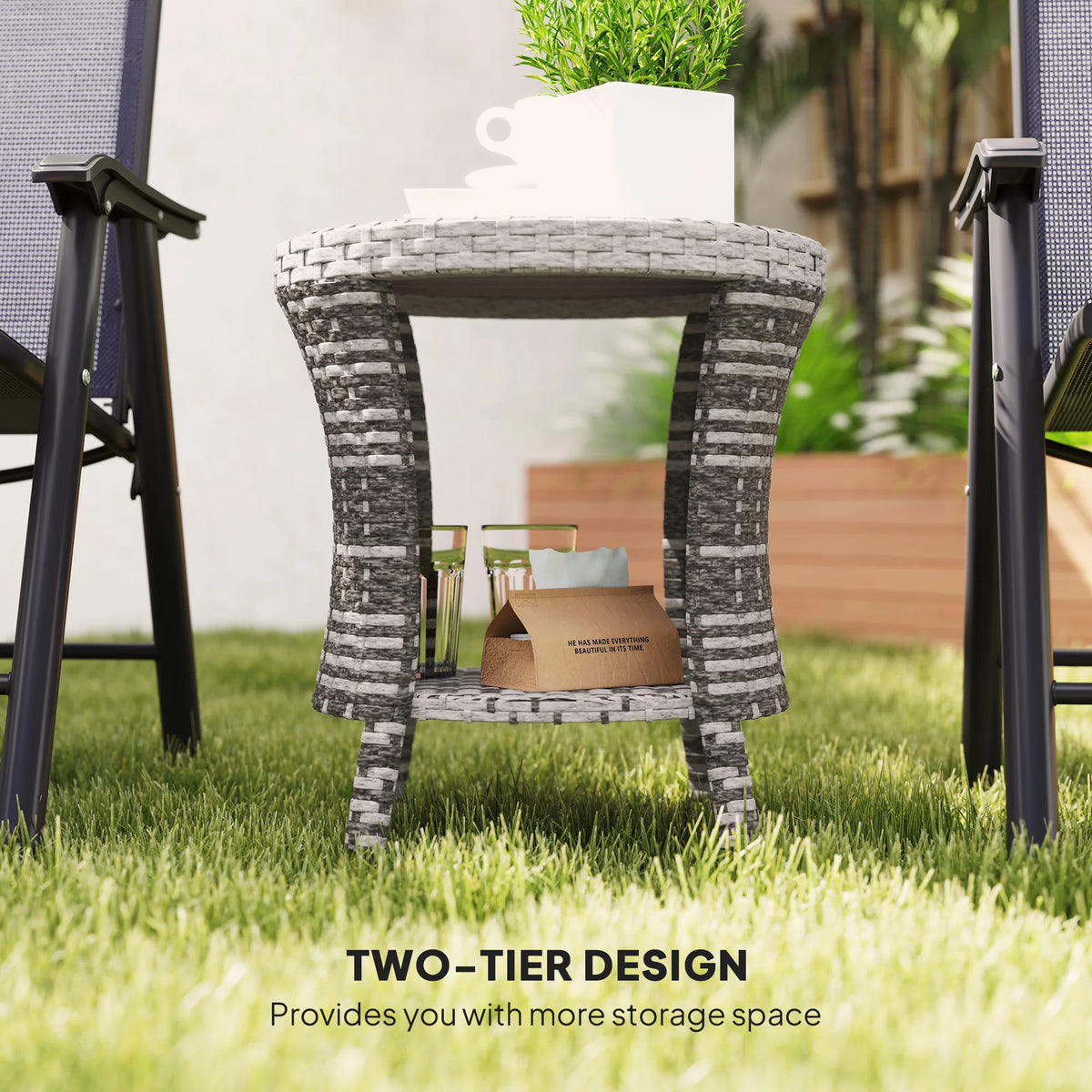 46 cm Wicker Coffee Table 2-Tier Outdoor Side Table Mixed Gray