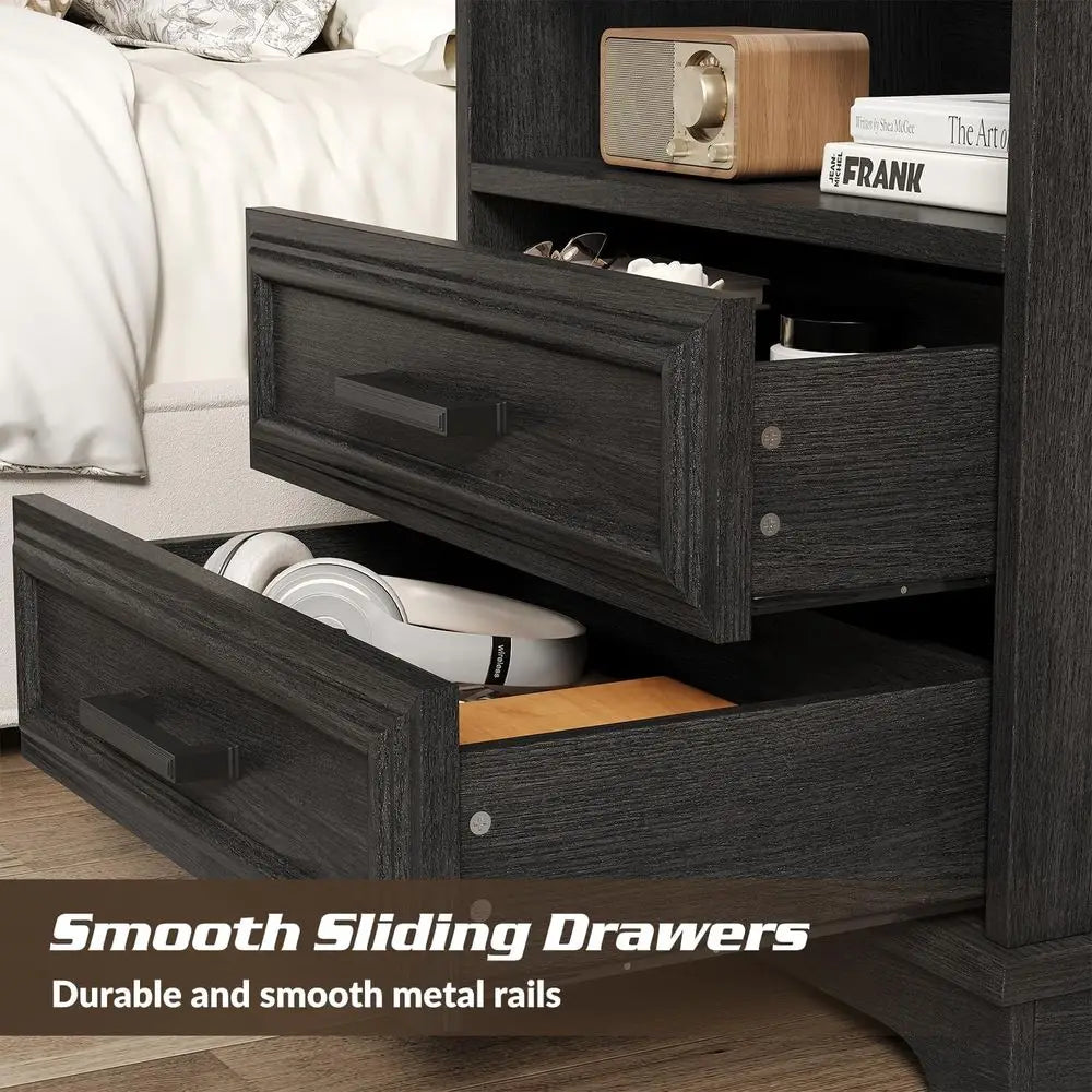 60cm Modern 2-Drawer Nightstand Wooden Bedside Table with Charging Station Gray