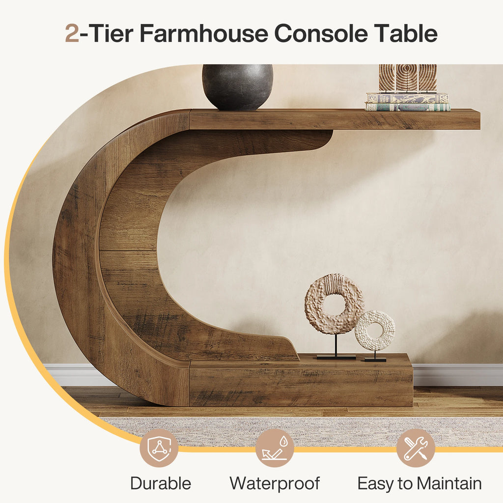 Modern 110 cm C-Shaped Console Table Entryway Sofa Table Behind Couch Living Room Hallway Brown