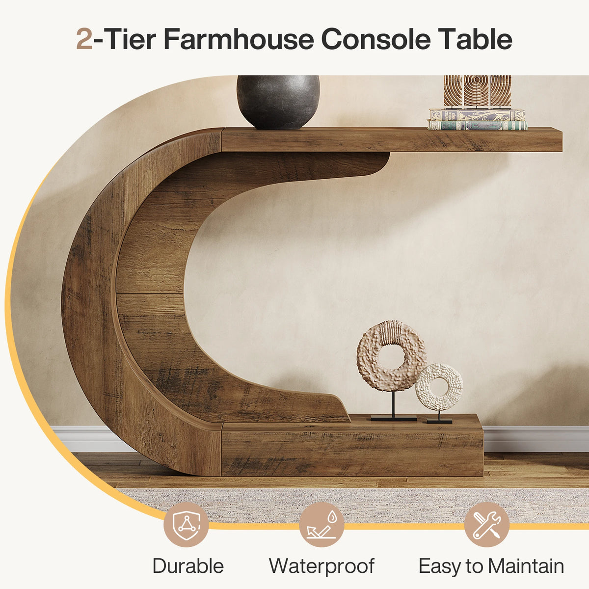 Modern 110 cm C-Shaped Console Table Entryway Sofa Table Behind Couch Living Room Hallway Brown