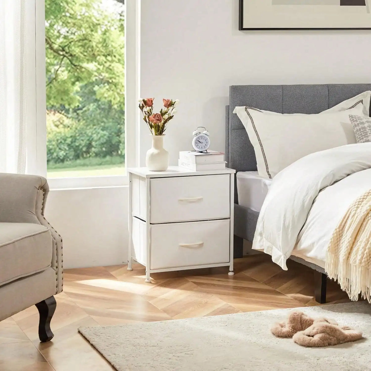 51cm Modern 2-Drawer Nightstand Wooden Bedside Table with Fabric Drawers