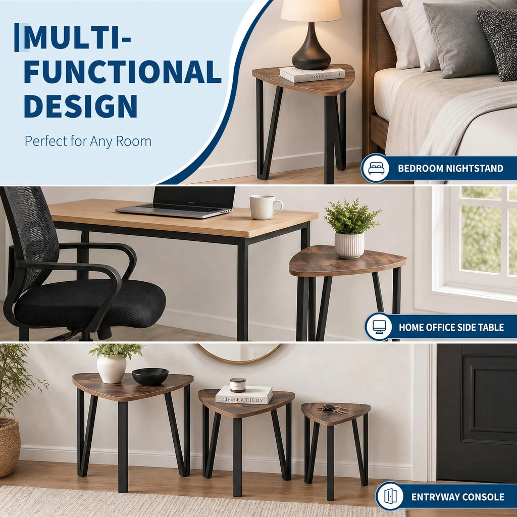 Set of 3 Industrial Triangle Nesting Coffee Tables with Metal Frame