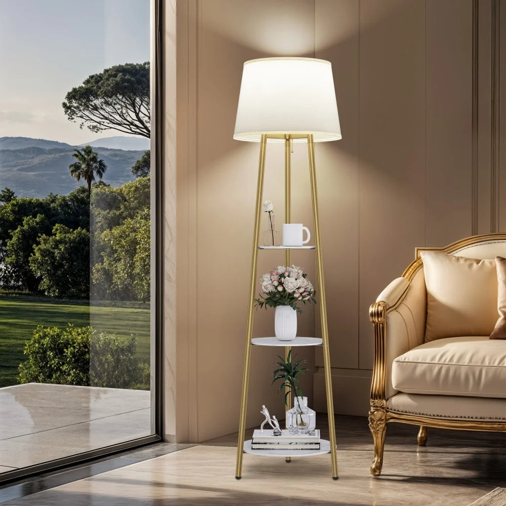 Modern Tripod Floor Lamp Free Standing Light Shade with Shelf Storage for Bedroom Living Room
