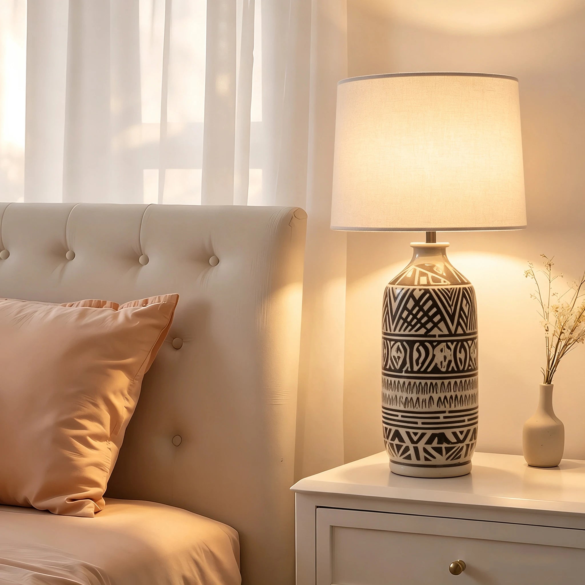 Nordic Ceramic Bedside Table Lamp White Reflective Cloth Shade