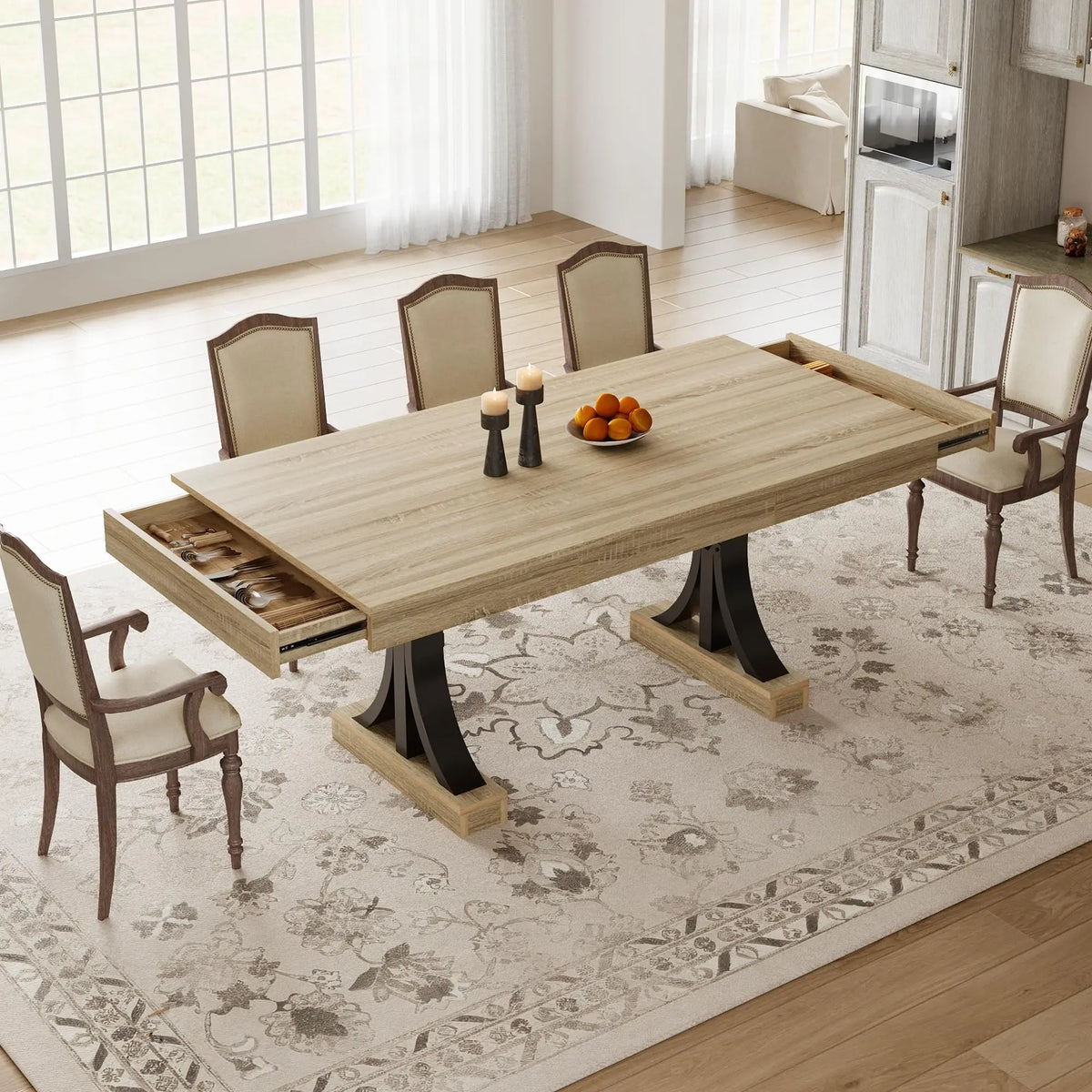 180.3cm Dining Table with 2 Drawers Industrial Rectangular Kitchen Table