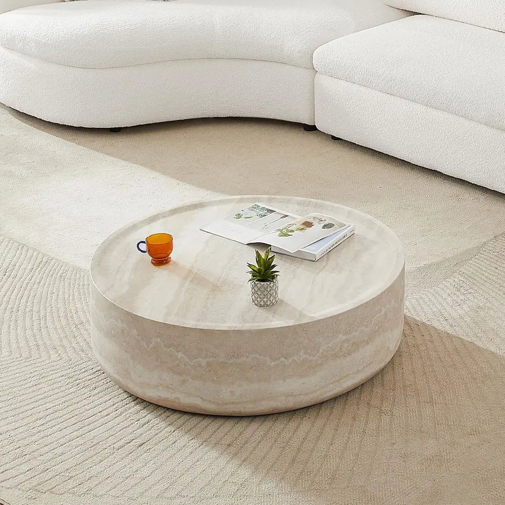 80cm Modern Round Coffee Table Concrete Texture Minimalist Drum Base