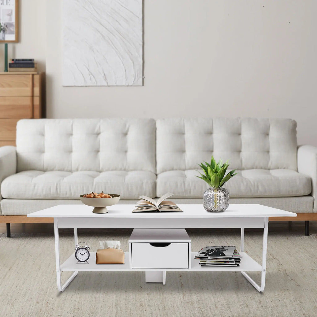 White 2-Tier Rectangular Coffee Table with Drawer