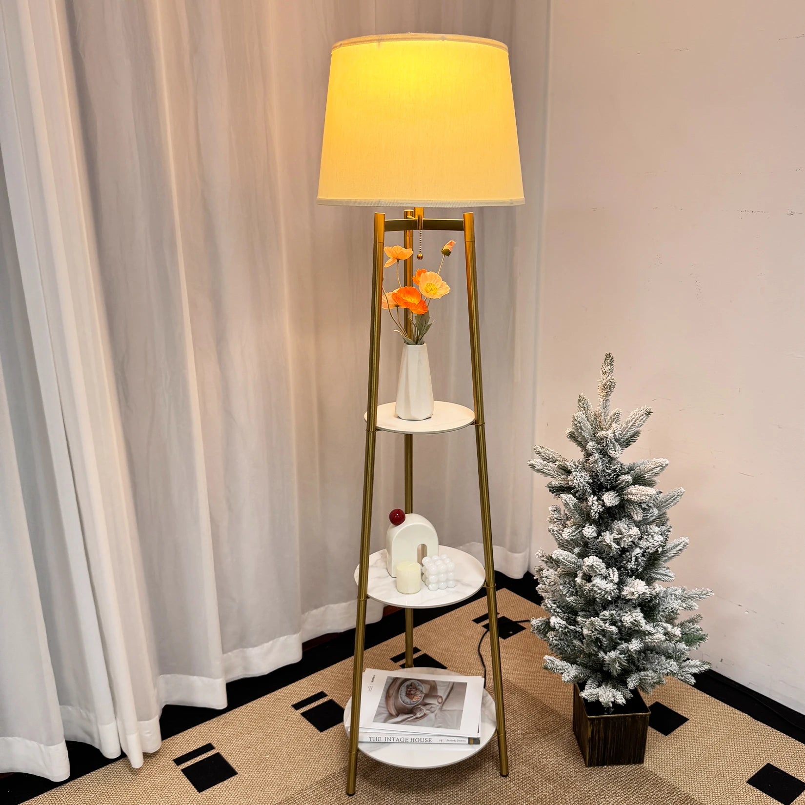 Modern Tripod Floor Lamp Free Standing Light Shade with Shelf Storage for Bedroom Living Room
