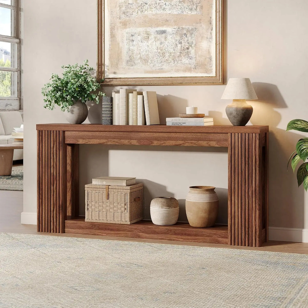180 cm Fluted Wooden Console Table with Storage Rectangular Behind Couch Entryway Furniture