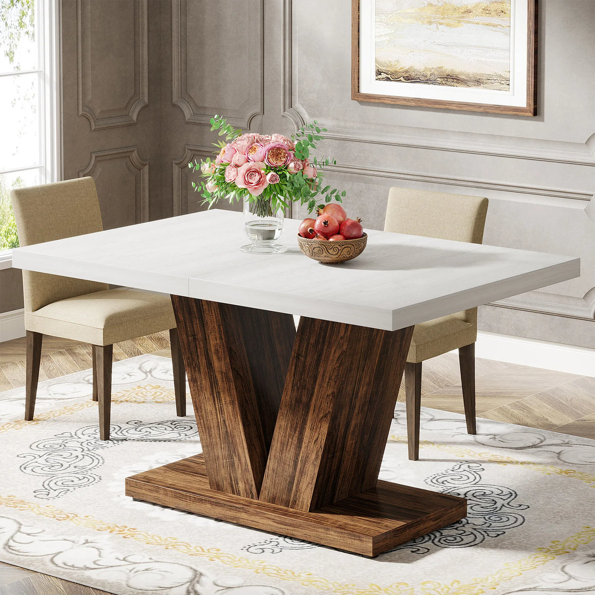 120cm Modern Dining Table for 4-6 People Wood Kitchen Table Pedestal Base