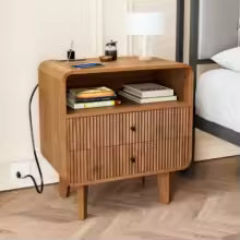 Modern Wooden Nightstand with 2 Drawers Charging Station Bedside Table Walnut