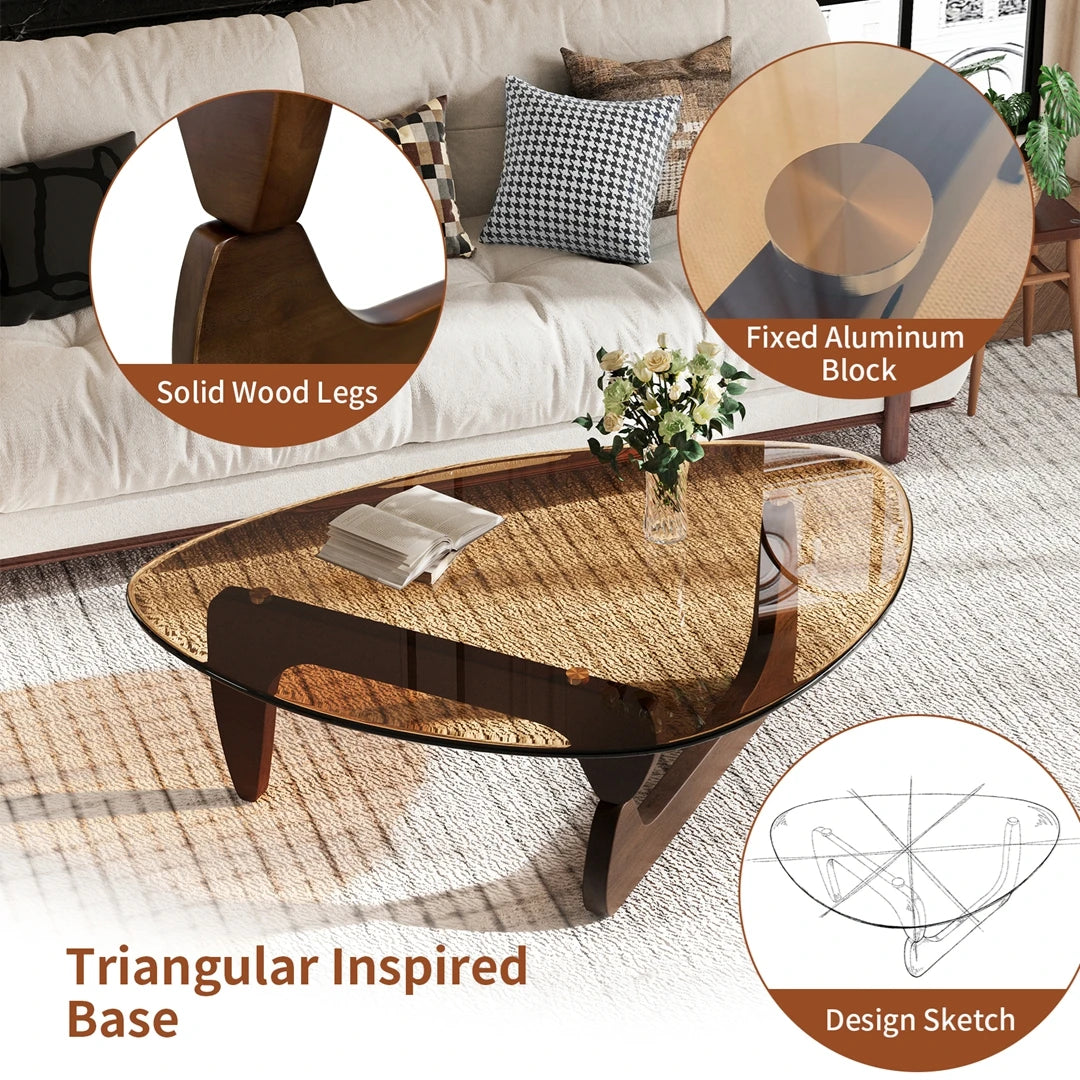 111cm Modern Amber Glass Triangular Coffee Table with Wooden Frame