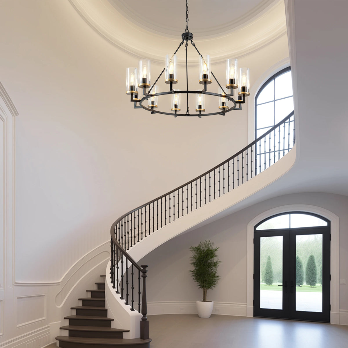 12-Light High Translucent Large Glass Chandelier Rustic Black for Living Room Foyer Entryway