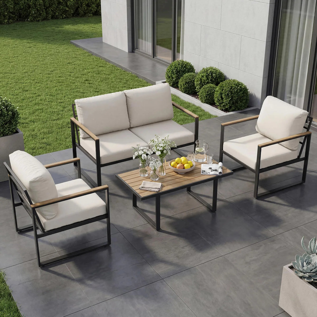 4-Piece Patio Conversation Set with Coffee Table and Washable Cushions
