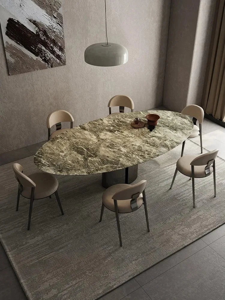 Luxury Oval Marble Dining Table with Heat Proof Top and Steel Base
