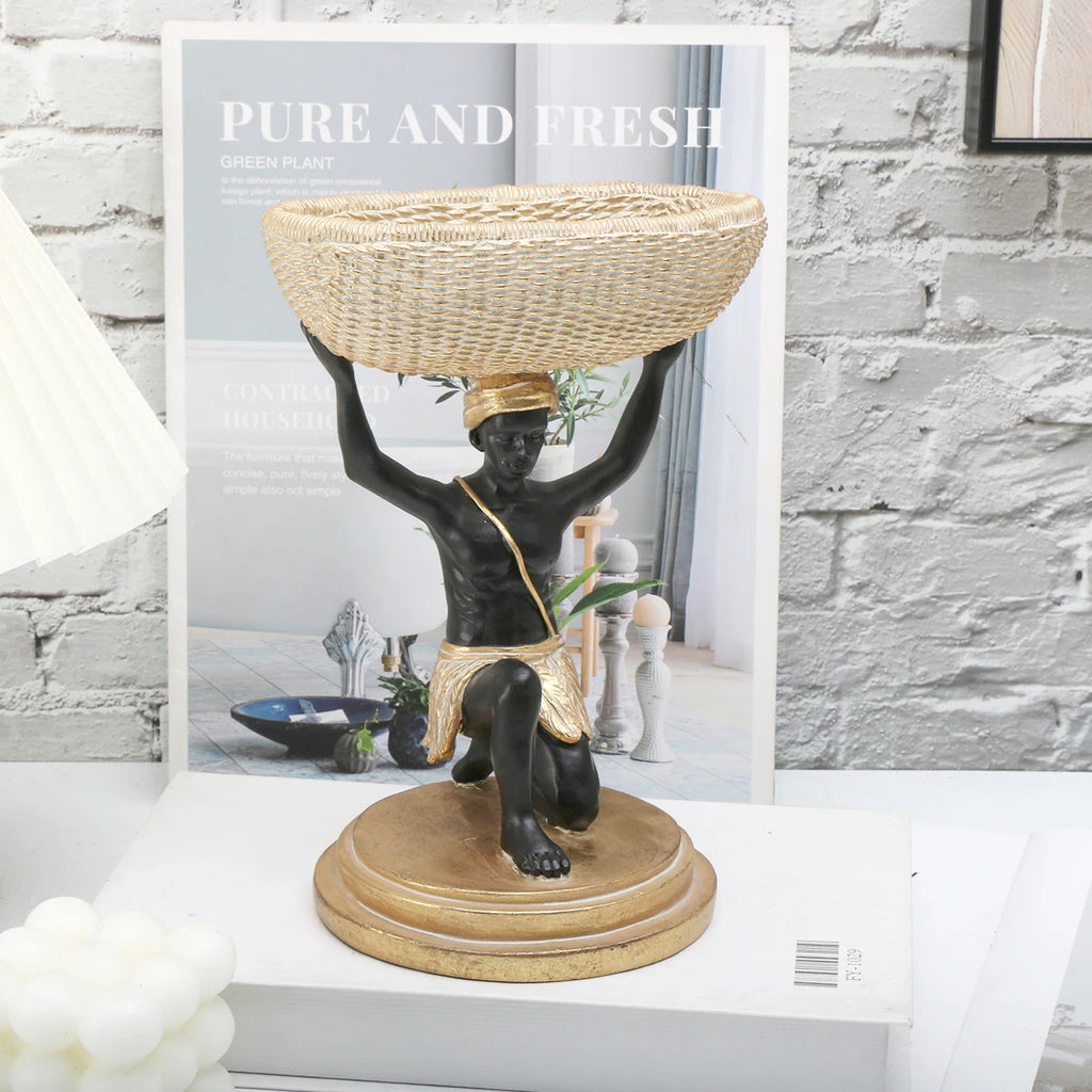 African Man Statue Resin Storage Basket Tray for Home Decor