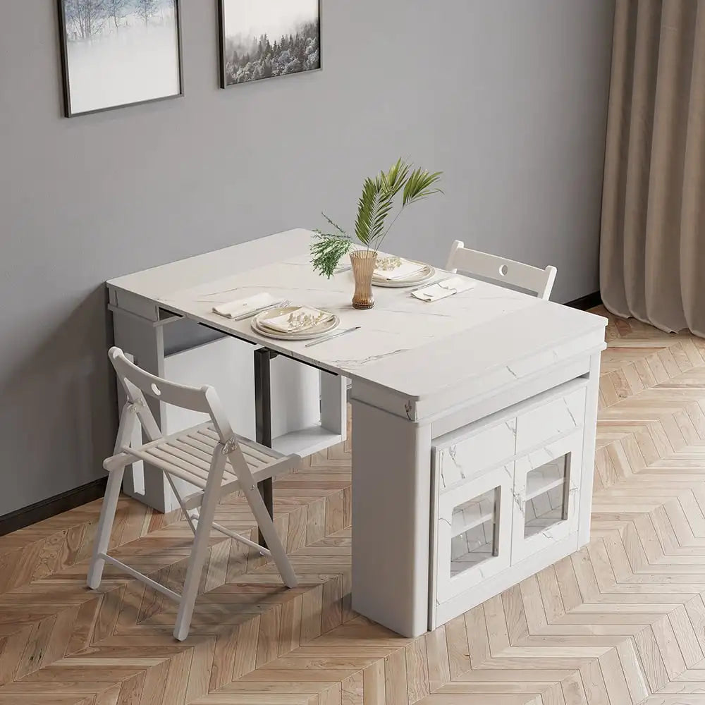 Modern Multifunctional Extendable Dining Table with Storage Cabinet Space Saving