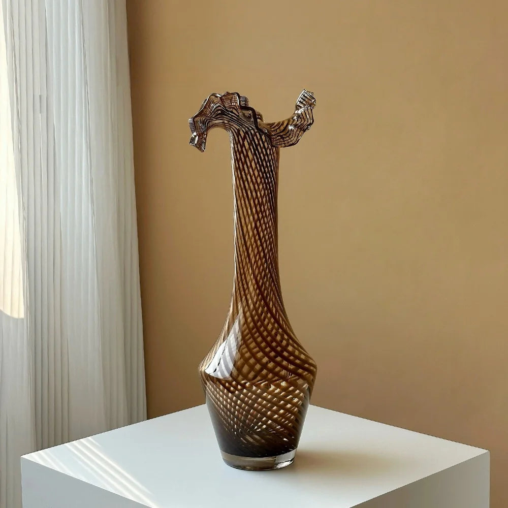 Modern Minimalist Wavy Neck Glass Vase Tabletop Ornament for Home Decor