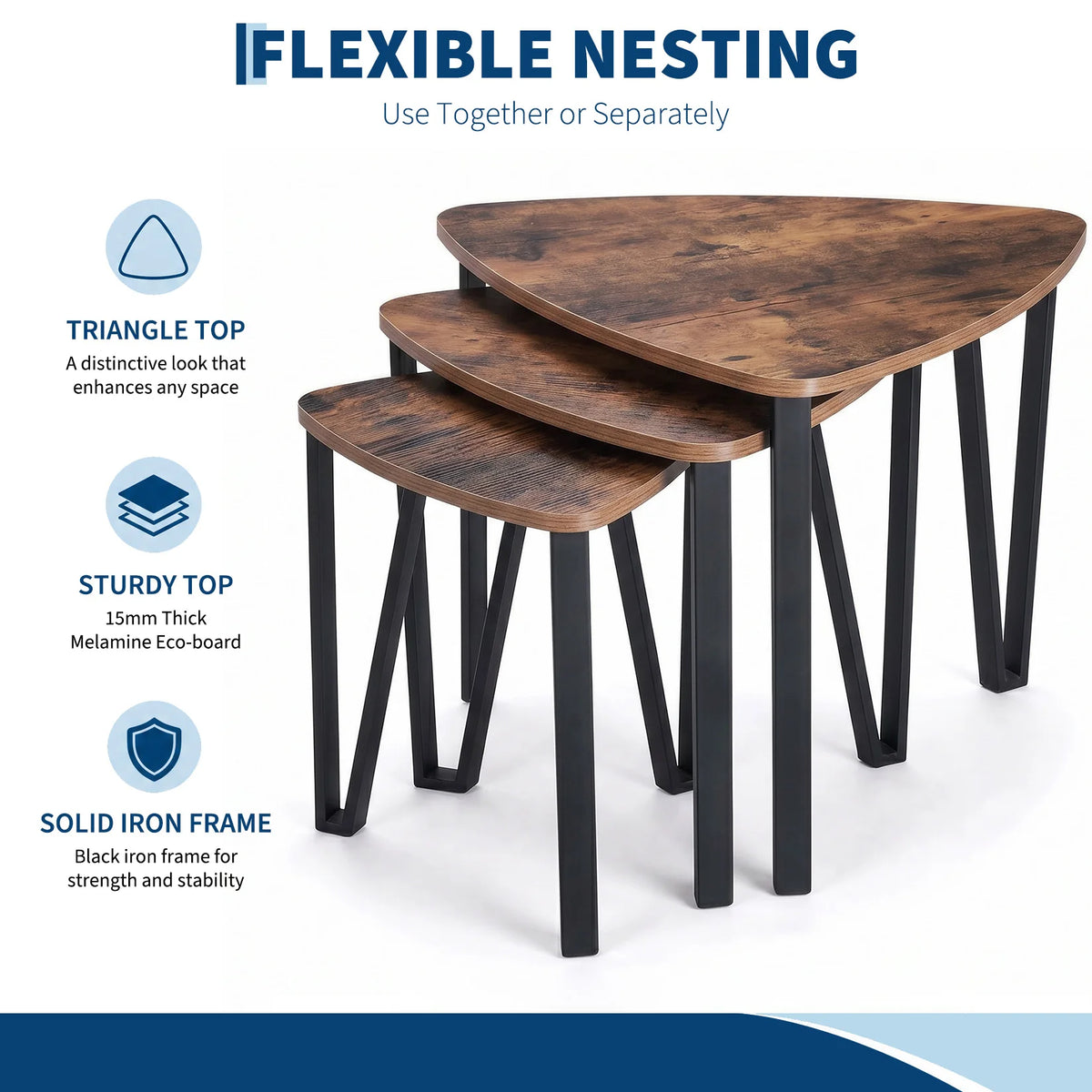 Set of 3 Industrial Triangle Nesting Coffee Tables with Metal Frame